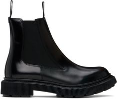 Ankle-high polished leather Chelsea boots in black. · Elasticized gussets at sides · Grosgrain pull-loops at collar · Buffed leather and suede lining · Padded leather footbed · Textured rubber midsole · Injected treaded rubber sole · Heel: H1.75 Supplier color: Black Chelsea Boots Men, Black Chelsea Boots, Leather Chelsea Boots, Casual Boots, Boots Men, Chelsea Boots, Apparel Accessories, Rubber Sole, Chelsea