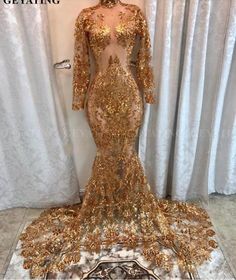 High Neck Evening Gown, Glam Birthday, Long Party Gowns, Prom Dresses Mermaid, Mermaid High, Gold Prom Dresses, Prom Girl Dresses, Long Prom Gowns, Long Sleeve Prom