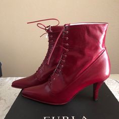 New In Box 100% Authentic Furla Lace Up Boots In Red Leather In Size 38 (Fits 7-7.5 Euro Sizing End They’re Pointed) Heel Height Is 3.5 Inches ; Shaft Height Is 5.5 Inches Ang Shaft Width When Tied As In Photo Is 4 Inches (Ties Are Adjustable So Can Be Wider Than That) Made In Italy Will Ship In Original Box Suede Chelsea Boots, Mid Boots, Leather Lace Up Boots, Block Heel Boots, Suede Ankle Boots, Leather Lace, Suede Booties, Leather Ankle Boots, Lace Up Boots