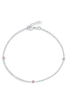 Cubic zirconia charms bring glistening shine to this anklet that is perfect for the blushing bride. Spring ring clasp Sterling silver/cubic zirconia stones Imported Elegant Cubic Zirconia Anklets, Pink Diamond Bracelet For Wedding, Elegant Adjustable Pink Anklets, Elegant Pink Adjustable Anklets, Elegant Pink Birthstone Bracelets, Delicate Pink Cubic Zirconia Jewelry, Silver Cubic Zirconia Anklets For Gift, Silver Cubic Zirconia Anklets As Gift, Adjustable Cubic Zirconia Anklets For Gift