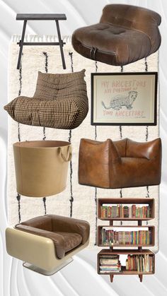 a collage of different types of chairs and bookshelves with pictures on the wall