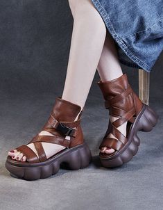 Open Toe Comfortable Leather Straps Platform Sandals — Obiono Trendy Leather Toe Post Wedge Sandals, Brown T-strap Sandals With Heel Strap And Open Toe, Leather Toe Post Wedge Sandals With Buckle Closure, Spring Toe Post Wedge Sandals With Buckle Closure, Spring Toe Post Wedge Sandals With Buckle, Brown Open Toe Wedge Sandals, Trendy Leather Wedge Sandals With Ankle Strap, Brown Wedge Sandals With Buckle Closure And Round Toe, Leather Toe Post Heels With Platform