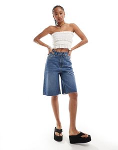 Shorts by Daisy Street Do it in denim High rise Belt loops Five pockets Raw-cut hem Relaxed fit Knee Length Denim Shorts Outfit, Bermuda Shorts Outfit, Denim Jorts, Knee Length Denim Shorts, Shorts Outfits, Winter Party Dress, Shorts Outfit, Brunch Outfit, Satin Slip Dress