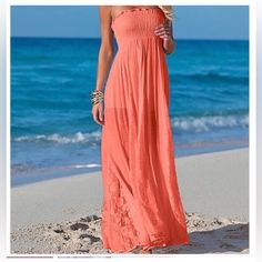 Venus Coral Strapless Maxi Dress New In Online Plastic Packaging/ Never Worn Coral Color Size Small Rushed Banded Top / Lined To Thigh / Lace Detailed Bottom Design Strapless Dress For Spring Beach Party, Summer Strapless Stretch Maxi Dress, Strapless Stretch Maxi Dress For Summer, Strapless Stretch Maxi Dress For Vacation, Stretch Strapless Maxi Dress For Vacation, Chic Strapless Dress For Beach Party, Summer Stretch Strapless Maxi Dress, Spring Strapless Beach Party Dress, Strapless Sundress For Beach Party