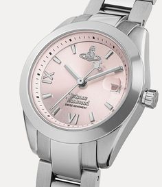 Part of our popular Fenchurch collection, this season's Fenchurch watch features a distinctive three-link bracelet, finished in polished silver tones. Named after London's historic financial district that resonated with Vivienne, this piece is elegantly detailed with a date feature at the 3 o’clock position. Vivienne Westwood Watch Pink, Vivienne Westwood Watch, Viviane Westwood, Vivien Westwood, Vivian Westwood, Eastpak Backpack, Silver Watches, Silver Watches Women, Pink Watch