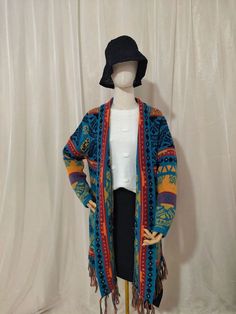 Women's Vintage Western Sweater Cardigan Tribal Pattern West Cowgirl Knitted Cardigan Casual Multicolor Winter Cardigan, One Size Acrylic Outerwear, Multicolor Sweater Coat For Fall, Casual Knit Sweater Coat With Fair Isle Pattern, Multicolor Long Sleeve Sweater Coat For Fall, Long Multicolor Sweater For Fall, Casual Fair Isle Knit Sweater Coat, Multicolor Long Sweater For Fall, Casual Long Multicolor Sweater Coat