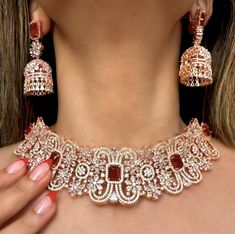 Cerise Rose Gold and Ruby Red  Choker and Jhumka Earring Set By Jaipur Rose Designer Modern Indian Jewelry (Copy) - Jaipur Rose Modern Indian Jewelry, Gold Earrings Indian, Red Choker, Indian Choker Necklace, Gold Necklace Indian, Desi Wear, Online Gold Jewellery, Black Stones, Indian Necklace