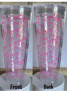 two pictures of the same cup with pink hearts on it, and one is empty