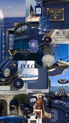 the collage shows many different types of blue and white items, including an umbrella