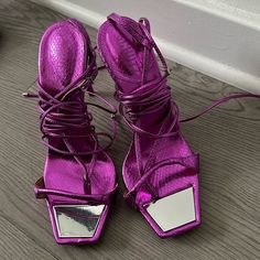 Pink New With Tags Only Tried On 4 In Heel Tie Around Ankle Purple Closed Toe Sandals With Wrapped Heel, Purple Sandals With Heel Strap And Pointed Toe, Purple Wrapped Heel Closed Toe Sandals, Trendy Purple Sandals With Heel Strap, Purple Pointed Toe Sandals, Purple Open Heel Shoes With Heel Loop, Trendy Purple Heels With Heel Strap, Trendy Purple Evening Sandals, Purple Lace-up Heels For Spring