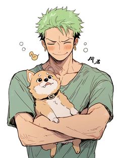 a man with green hair holding a small dog in his arms and looking at the camera