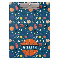 a clipboard with an image of basketballs and sports equipment on it that says, william