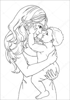 a woman holding a baby in her arms - people characters illustration drawing, black and white