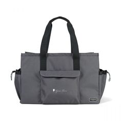 a gray bag with black handles and two zippers on the front, sitting against a white background