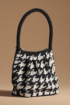 Glass beads; cotton lining One inner slip pocket Zipper styling Imported | Houndstooth Beaded Mini Bag by Anthropologie in Black, Women's, Cotton/Glass Beaded Clutch, Beaded Top, Houndstooth Pattern, Top Handle, Glass Beads, Anthropologie, Bag Accessories, Zipper, Beads