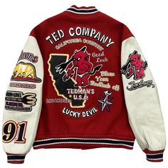 "Tedman's Varsity Jacket. Wool body and leather sleeves. High quality. Chenille patches and vintage looped embroidery. Size 44 / XL. Pit to pit 25\". Length 26\". Really rare colour way. Limited edition item. Wear: Back of sleeves show scuffing to leather. Scratched top button. General wear." Retro Outerwear With Embroidered Graphics For Fall, Retro Fall Outerwear With Embroidered Graphics, Retro Embroidered Varsity Jacket For Fall, Embroidered Retro Varsity Jacket For Fall, Vintage Winter Outerwear With Embroidered Graphics, Vintage Outerwear With Patches For College, Vintage College Outerwear With Patches, Vintage Varsity Jacket With Patches For College, Vintage College Varsity Jacket With Patches