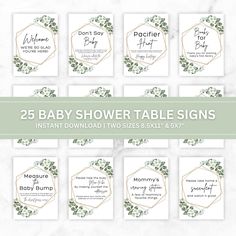 the 25 baby shower table signs are shown in green and white with gold trimmings