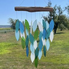 a wind chime hanging from a tree branch in a field with grass and trees