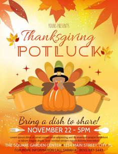 a thanksgiving potluck flyer with a turkey in a pilgrim hat and an orange background