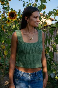 Crochet top handmade with love 🥰 100% Oeko Tex cotton. Possibility to make it custom :) Green Cotton Square Neck Top, Green Square Neck Cotton Top, Casual Green Square Neck Tank Top, Fitted Sleeveless Crochet Top With Knit Fabrication, Green Sleeveless Summer Crochet Top, Green Sleeveless Crochet Top For Summer, Green Cotton Camisole Crop Top, Cotton Crochet Lace Tank Top For Summer, Summer Cotton Tank Top With Crochet Lace