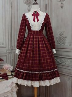 Elegant Vintage Check Woolen Fabric Ruched Ruffled Lace Trim White Lace Jacquard V Neckline Classic Lolita Long Sleeve Dress Cute Christmas Dress, Poofy Dresses, Plaid Christmas Dress, Vintage Christmas Dress, Wardrobe Revamp, Prairie Dresses, Poofy Dress, Victorian Dresses, Child Dress