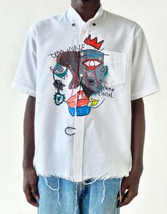 Locally made by artisans, the umunne shirt is emblazoned in a motif of my younger siblings rendered in the neo-expressionist art style. The vibrant colors capture the romance of summer and evoke a sweet sense of nostalgia. Cut from lightweight Linen to have a loose fit and boxy silhouette, The band collared shirt has a Designer Tshirts Fashion, Mens Linen Shirt Outfit, Shirt Printing Design, Authentic Clothes, White Linen Shirt Men, Linen Shirt Outfit, Banded Collar Shirts, Printed Shirts Men, Shirt Designs For Men