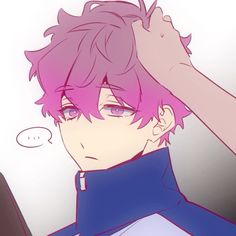 an anime character with pink hair and blue eyes holding his hand up to his head