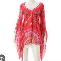 Absolutely Stunning Silk Carola-Corana Tunic Emilio Pucci Tunic Silk Rare Empire Waist Style Batwing Designed For 2012 Line (Or 2011?) Gorgeous Worn Once No Flaws Or Snags Or Stains Pit To Pit = 19" Length = 34" Designer V-neck Blouse For Summer, Designer Summer Blouse V-neck, Designer V-neck Summer Blouse, Emilio Pucci, Bat Wings, Empire Waist, Orange Red, Size 12, Womens Tops