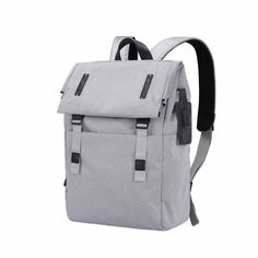 a grey backpack with black straps on the front and side pockets, sitting against a white background