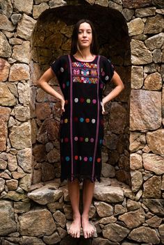 Hand made Black Huipil made in Oaxaca Mexico | Etsy Black Bohemian Dress With Traditional Patterns, Black Cotton Folk Dress, Black Folk Style Cotton Dress, Traditional Black Dress For Cinco De Mayo, Black Dresses For Cinco De Mayo Fiesta, Native American Inspired Fashion, Contemporary Clothes, Outfits For Mexico, Mexican Fashion