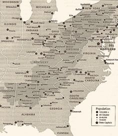 an old map of the united states showing major cities and towns in gray tones with black dots