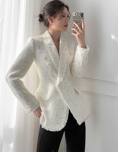 This women's blazer boasts a classic shawl collar and sophisticated double-breasted buttons, while adding a unique touch of elegance with tassel trim on the collar, cuffs, and bottom hem. Made from luxurious tweed fabric for a timeless look. ●Shawl collar●Long sleeves●Double breasted button closure●Polyester, cotton and spandex●Machine wash, line dry★★Please advise your Height and Weight, I will make sure you choose the right size. Elegant Double-breasted Tweed Jacket, Elegant Tweed Blazer With Double-breasted Button, Tweed Long Sleeve Double-breasted Blazer, Tweed Double-breasted Long Sleeve Blazer, Tweed Blazer With Double-breasted Button And Long Sleeves, Elegant Long Sleeve Double-breasted Tweed Jacket, Elegant Long Sleeve Tweed Jacket With Double-breasted Buttons, Long Sleeve Tweed Blazer With Double-breasted Buttons, Spring Formal Tweed Jacket With Double-breasted Button