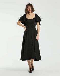 Crepe Ruffle Sleeve Midi Dress With Belt Chic Fitted Midi Dress With Flutter Sleeves, Chic Black A-line Belted Dress, A-line Belted Dress For Evening, Chic Flutter Sleeve Maxi Dress For Evening, Belted Knee-length Evening Dress, Chic Flutter Sleeve Midi Dress For Party, Chic Flutter Sleeve Midi Dress For Brunch, Elegant A-line Midi Dress With Belt, Chic Party Midi Dress With Flutter Sleeves