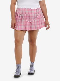 This pleated skirt from Sweet Society is everything. It's got a plaid print dominated by pastel colors  plus a removable silver-tone and pink plastic chain that goes the front.Please note: Skirt is fitted with no stretch; size up for a looser fit.65% polyester; 35% rayonWash cold; dry lowLength: 17"ImportedModel is 5'10"Model wears size 1 Sweet Society, Pleated Skirt Plus Size, Plus Size Hot, Skirt Plus Size, Purple Plaid, Pink Plastic, Hoodie Girl, Plaid Print, Hot Topic