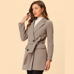 The long trench coat is shaped in a classic double-breasted cut. This soft, elegant coat with a tie around the waist detail is a classic look and will keep you warm in the cool weather. Whether you want to dress up your look or just stay warm in casual winter, it is a better choice for you. The self-tie belt style is flattering and fits more different body shapes. Elegant Winter Blazer Dress For Business Casual, Elegant Solid Double-breasted Blazer Dress, Classic Winter Blazer Dress For Office Wear, Elegant Double-breasted Pea Coat With Belted Cuffs, Winter Long Sleeve Blazer Dress For Business Casual, Formal Long Pea Coat With Belted Cuffs, Elegant Fitted Pea Coat With Belted Cuffs, Winter Office Blazer Dress With Hidden Button Closure, Fall Office Pea Coat With Belted Cuffs