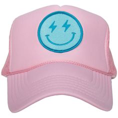 The turquoise blue happy face emoji patch stitched onto this foam wholesale trucker hat for women flaunts a pair of cute lightning bolt eyes to zap away any negative vibes. 65% cotton, 35% polyester machine wash delicate or hand wash one size fits most adjustable back mesh netting snapback closure has inner sweatband Mesh Netting, Glitter Earrings, Panel Hat, Happy Vibes, Hat For Women, Pink Turquoise, Blue Glitter, Happy Face, Lightning Bolt