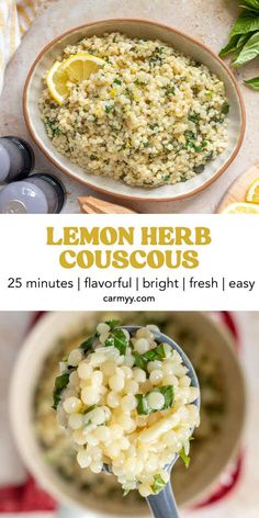 lemon herb couscous in a bowl with spoon