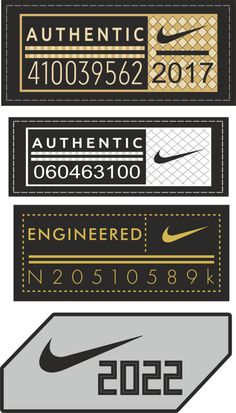 four different types of luggage tags with numbers and symbols on them, all in black and gold