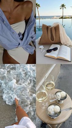 the collage shows two different pictures, one with wine and an open book