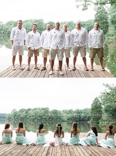 a group of people sitting on top of a wooden dock