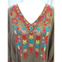 Urban Mangoz Embroidered Vneck Tunic Mocha With Multicolor Embroidery Semi Sheer Southwest Colors Multicolor 2x Nwt Southwest Colors, Multicolor Embroidery, Flowy Tunic Tops, Boho Peasant Top, Gray Tunic, Embroidered Tunic Top, Printed Tunic Tops, Linen Tunic, Embroidered Tunic