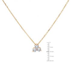 This absolutely adorable pendant has a trio of spectacular round cut diamonds waiting to grace the neck of your lady. Set in the prongs of this 14 karat yellow gold pendant are round cut diamonds weighing in total 0.50 carat and displaying optimal white G color and clean to the eye SI-1 clarity. The pendant measures 7.6 mm in length and goes on the neck with a 16-inch cable link chain in 14 karat yellow gold with a a lobster claw clasp. The total gram weight of this pendant and chain is 2.3 gram Three Stone Round Diamond Necklace, Classic Three Stone Necklace, Formal Three Stone Round Diamond Necklace, Gold Three-stone Necklace For Formal Occasions, Gold Three Stone Necklace For Formal Occasions, Gold Three Stone Diamond Necklace, Yellow Gold Diamond Three Stone Necklace, Yellow Gold Three Stone Diamond Necklace, Elegant Gold Diamond Necklace With Three Stones