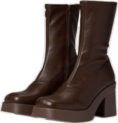 Winter Round Toe Heeled Boots, Winter Heeled Boots With Round Toe In Polyurethane, Winter Ankle-high Polyurethane Boots, Trendy Mid-calf Boots With Zipper In Faux Leather, Casual Polyurethane Platform Boots For Fall, Spring Mid-calf Boots With Zipper Closure, Trendy Brown Mid-calf Boots With Square Toe, Trendy Fall Platform Knee-high Boots, Trendy Platform Knee-high Boots For Fall