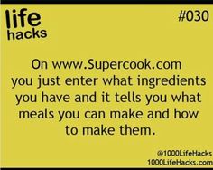 a yellow background with the words super cook com you just enter what ingredients you have and it tells you what meals you can make and how to make them