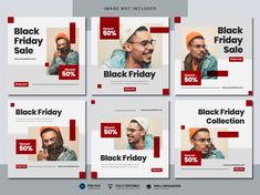 four black friday sale banners with men's faces in red and white squares on them