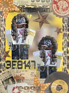 an altered photograph with various items in the frame and on top of it is a star