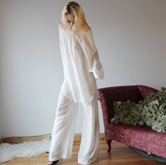 A wide leg silk chiffon pant with a high elasticized waist nightshirt sold separately Silk Pajama Pants, Chiffon Pants, Women's Nightgowns, Silk Pajamas, Silk Pants, Bridal Lingerie, Sleep Shirt, Bra And Panty Sets, White Outfits