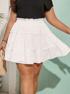 Plus Size Women's White Skirt, Wedding, Vacation, Solid Ruffle Hem Skirt White Casual   Woven Fabric Plain Layered/Tiered Non-Stretch  Women Plus Clothing, size features are:Bust: ,Length: ,Sleeve Length: Plus Size White Pleated Skirt, White Skirt Lulus, White Skirt Cheap, Short Pollera, Black Hair Clips, Plus Size Summer, Strappy Dresses, Plus Size Skirts, White Skirt