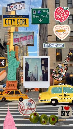 a collage of various street signs and vehicles in new york city, ny with the statue of liberty