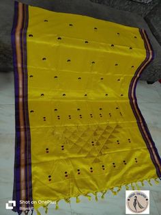 Yellow and Purple  Embroidery Khun Saree- Pure Silk Blend Cotton Handloom Saree with Blouse & Gold Jari Yellow Cotton Blouse Piece With Self Design, Yellow Self Design Cotton Blouse Piece, Yellow Paithani Silk Set In Traditional Drape, Yellow Handloom Cotton Silk Sets, Handloom Yellow Chanderi Blouse Piece, Yellow Chanderi Handloom Blouse Piece, Yellow Embroidered Raw Silk Saree, Unstitched Yellow Handloom Blouse Piece, Yellow Handloom Cotton Silk Dupatta